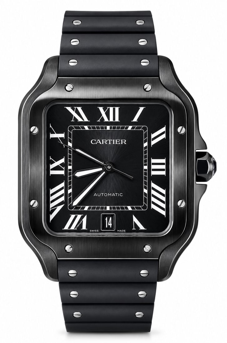 Cartier Santos Black Roman Numeral Dial Large Size: Brand: Cartier Model: Santos Movement: Automatic Case material: Steel Bracelet material: Rubber Gender: Men's watch/Unisex Caliber/movement: 1847 MC Power reserve: 42 h Number of jewels: 23 Case di