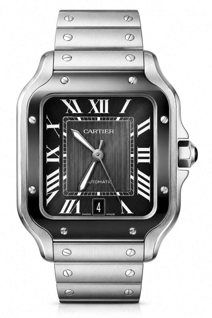 Cartier Santos Large Automatic Watch ? Stainless Steel ? Black Dial: Brand: Cartier Model: Santos Large Movement: Automatic Swiss Movement Case Material: Stainless Steel Bezel: Black ADLC Bezel Dial Color: Black Crystal: Sapphire Crystal Water Resistance: 100M Bracelet