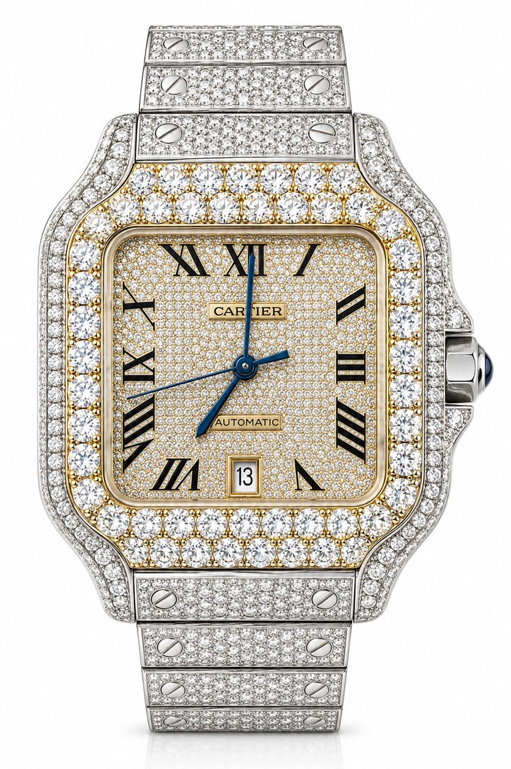 Cartier Santos de Cartier Large Diamond Watch WSSA0018 Automatic Steel: Cartier Santos de Cartier Large automatic wristwatch, ref. WSSA0018 / model 4072, in stainless steel with extensive aftermarket diamond setting throughout the bezel, dial, case, and bracelet. Features
