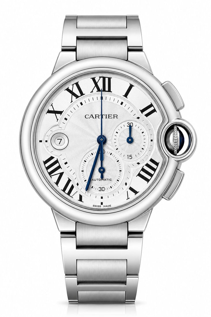Sold Cartier Ballon Bleu Chronograph Automatic 47mm Stainless Steel Watch: Brand: Cartier Model: Ballon Bleu Chronograph Case Size: 47mm Movement: Swiss Automatic Movement Case Material: Stainless Steel Dial: Silver Guilloch? Dial Crystal: Sapphire Crystal Bracelet: Stainles