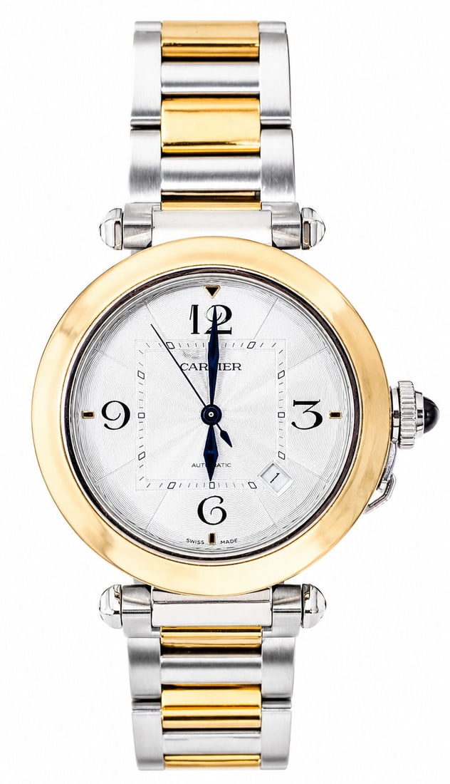 Cartier Pasha Large Automatic Two-Tone Wristwatch: Cartier Pasha large automatic wristwatch in stainless steel and 18K yellow gold, featuring a silver guilloch? dial with Arabic numerals at 12, 3, 6, and 9, blued steel hands, and date display between 