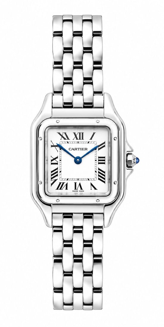 Cartier Panthere Medium Stainless Steel Quartz Wristwatch: Cartier Panthere medium-size quartz wristwatch in stainless steel, featuring a white dial with black Roman numeral hour markers, blued steel hands, and signature blue cabochon crown. Square stainless 