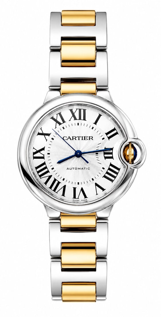 Cartier Ballon Bleu Medium Two-Tone Automatic Wristwatch: Cartier Ballon Bleu medium-size automatic wristwatch in stainless steel and yellow gold, featuring a silver guilloch? dial with black Roman numeral hour markers, blued steel hands, and signature reces