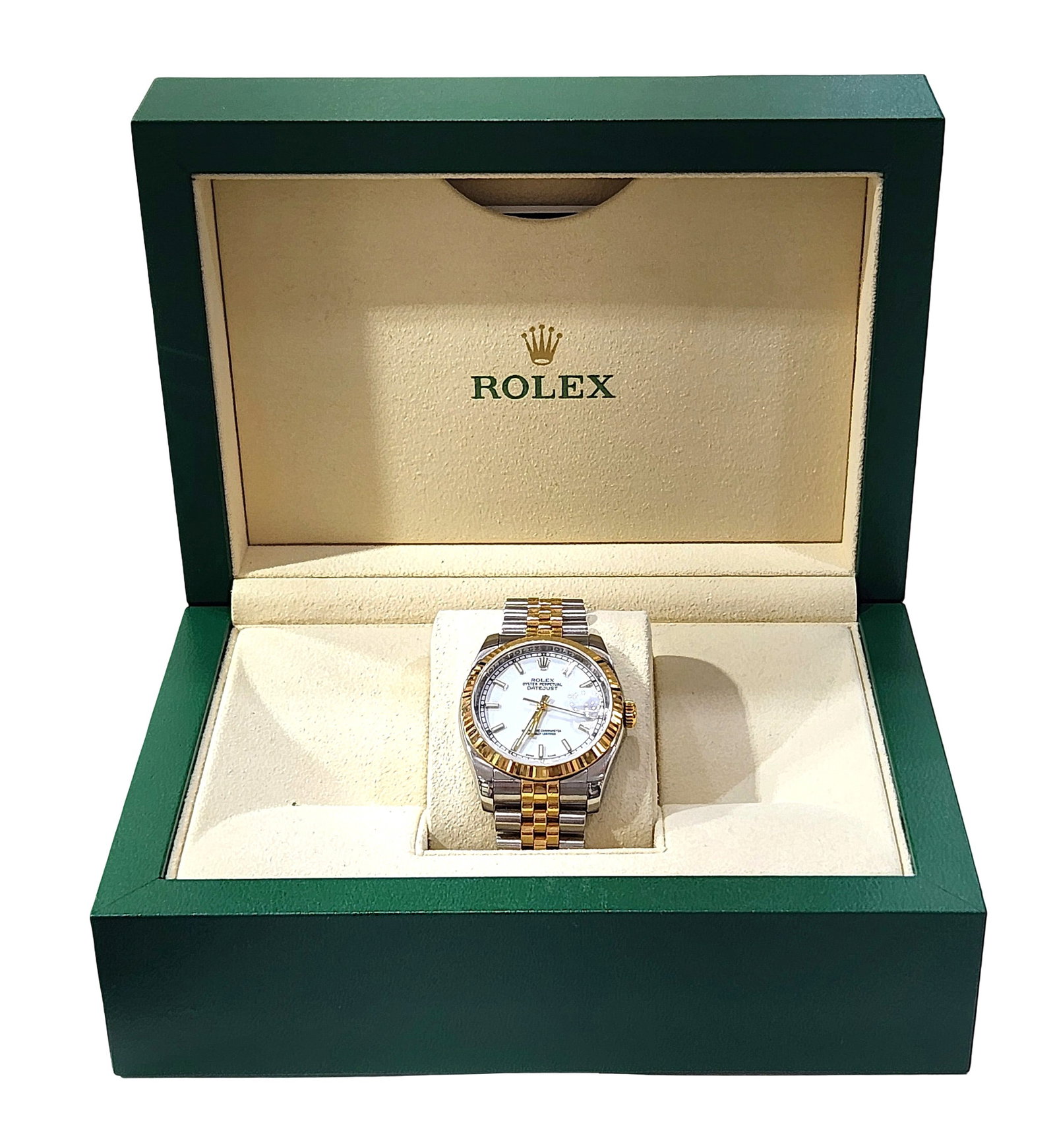 Rolex Oyster Perpetual Datejust 36mm Two-Tone Stainless Steel & Gold Wristwatch: Brand: Rolex Model: Oyster Perpetual Datejust Case Size: 36mm Movement: Automatic Case Material: Stainless steel & yellow gold Bezel: Yellow gold fluted bezel Dial: White dial with gold baton hour mar