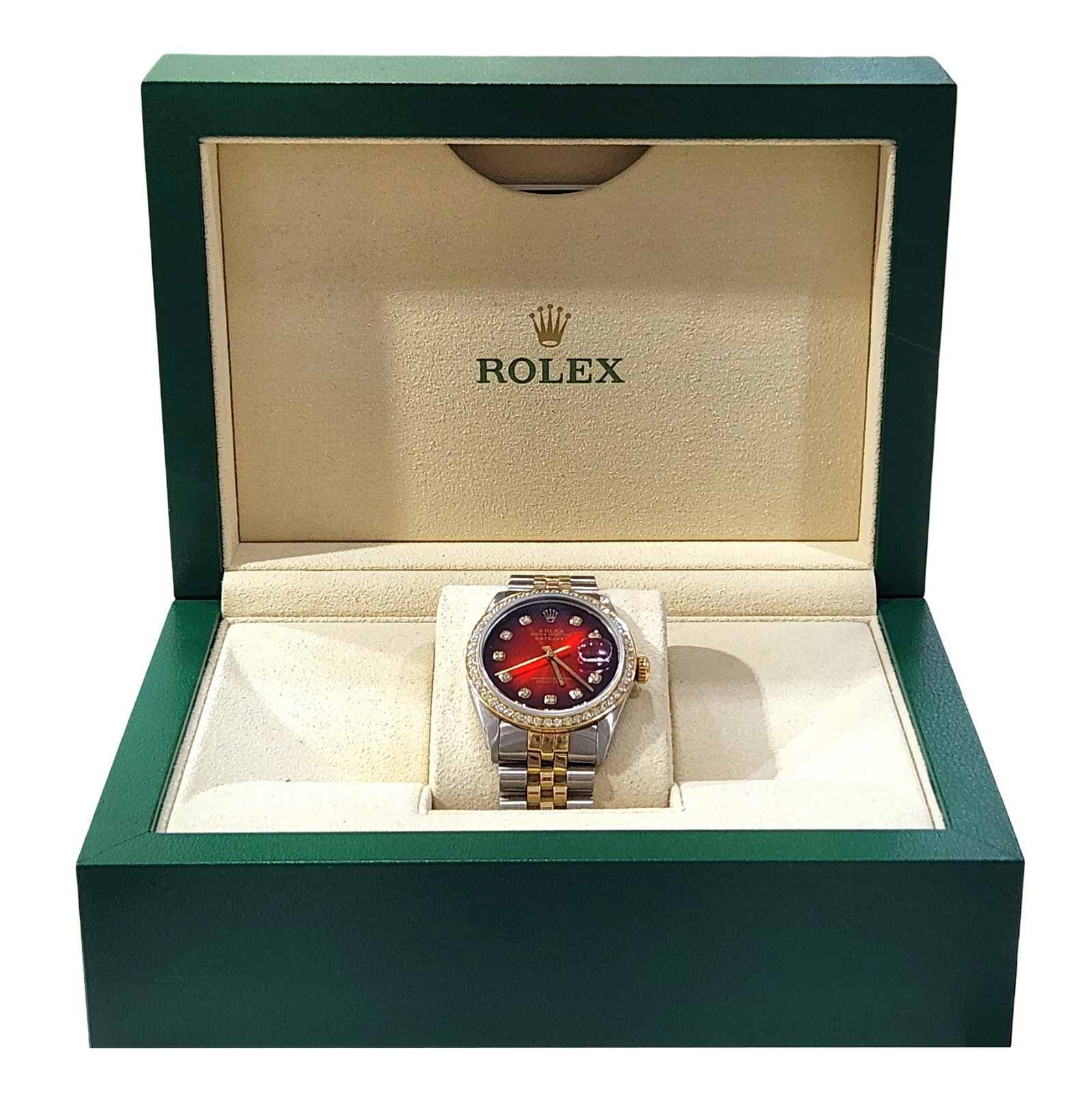 Rolex Datejust Two-Tone 18K Gold & Stainless Steel 36mm Customized Diamond Dial Wristwatch: Brand: Rolex Model: Oyster Perpetual Datejust Case Size: 36mm Movement: Automatic Case Material: Stainless steel & 18K yellow gold Bezel: Customized diamond-set bezel Dial: Customized burgundy/red sun