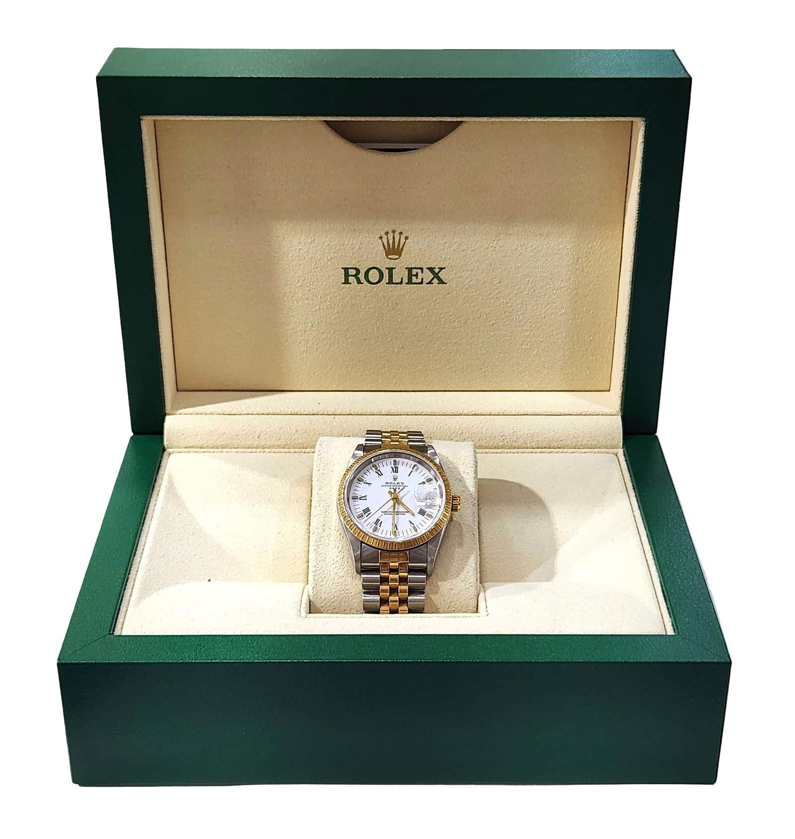 Rolex Oyster Perpetual Date Stainless Steel & 18K Gold Automatic Wristwatch with White Roman Dial: Brand: Rolex Model: Oyster Perpetual Date Case Size: 34mm Movement: Automatic self-winding chronometer-certified movement Case Material: Stainless steel Bezel: 18K yellow gold fluted bezel Dial: White