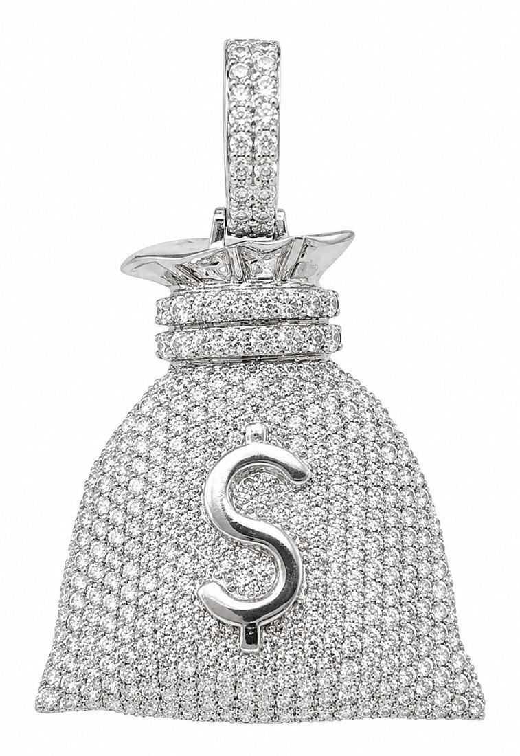 14KT White Gold Diamond Money Bag Pendant ? 5.50CT: Luxurious and eye-catching money bag pendant crafted in solid 14KT white gold and fully pav? set with brilliant round diamonds totaling approximately 5.50 carats. The design features a bold dollar sig