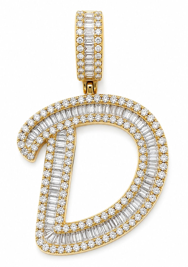 14KT Yellow Gold Diamond Initial ?D? Pendant ? 2.23CT: Elegant and eye-catching initial D pendant crafted in solid 14KT yellow gold and set with approximately 2.23 carats of dazzling diamonds. The pendant features a layered design with baguette-cut diamon