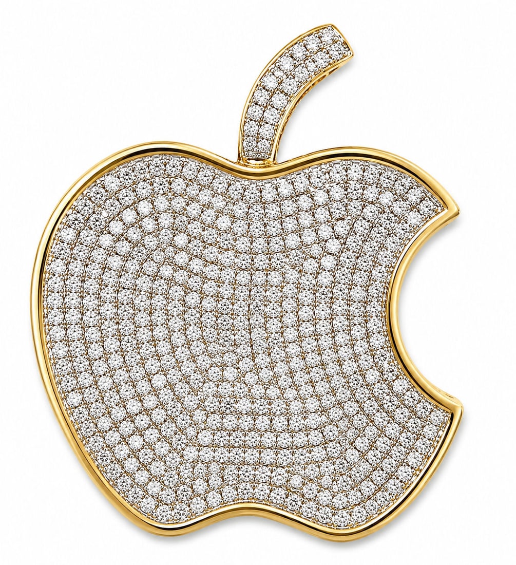 10KT Yellow Gold Diamond Apple Logo Pendant ? 1.45CT: Stylish Apple logo pendant crafted in solid 10KT yellow gold and fully covered in shimmering pav?-set diamonds totaling approximately 1.45 carats. This designer-inspired piece features a polished yell