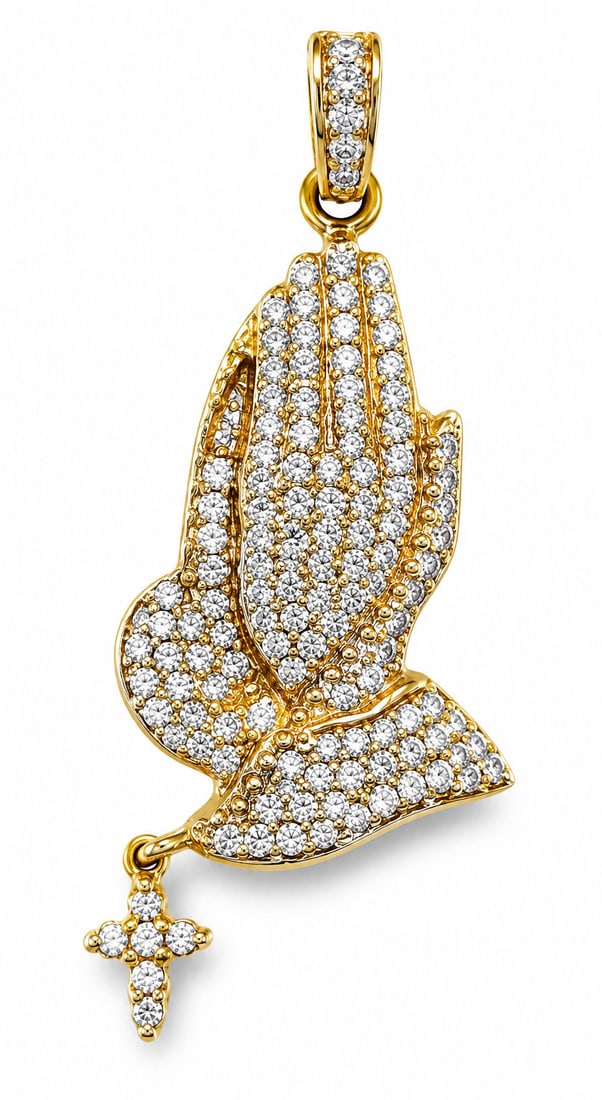 14KT Yellow Gold Diamond Praying Hands Pendant with Cross Dangle 1.64CT (1 of 2)