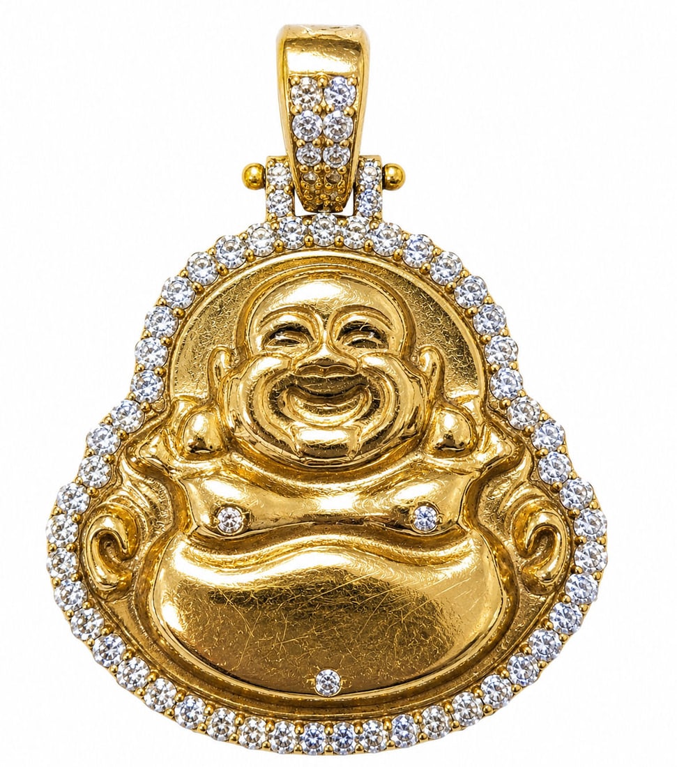 14KT Yellow Gold Diamond Laughing Buddha Pendant ? 1.83CT: Bold and beautifully crafted Laughing Buddha pendant made in solid 14KT yellow gold, accented with approximately 1.83 carats of natural diamonds. The pendant features a high-polish three-dimensional B