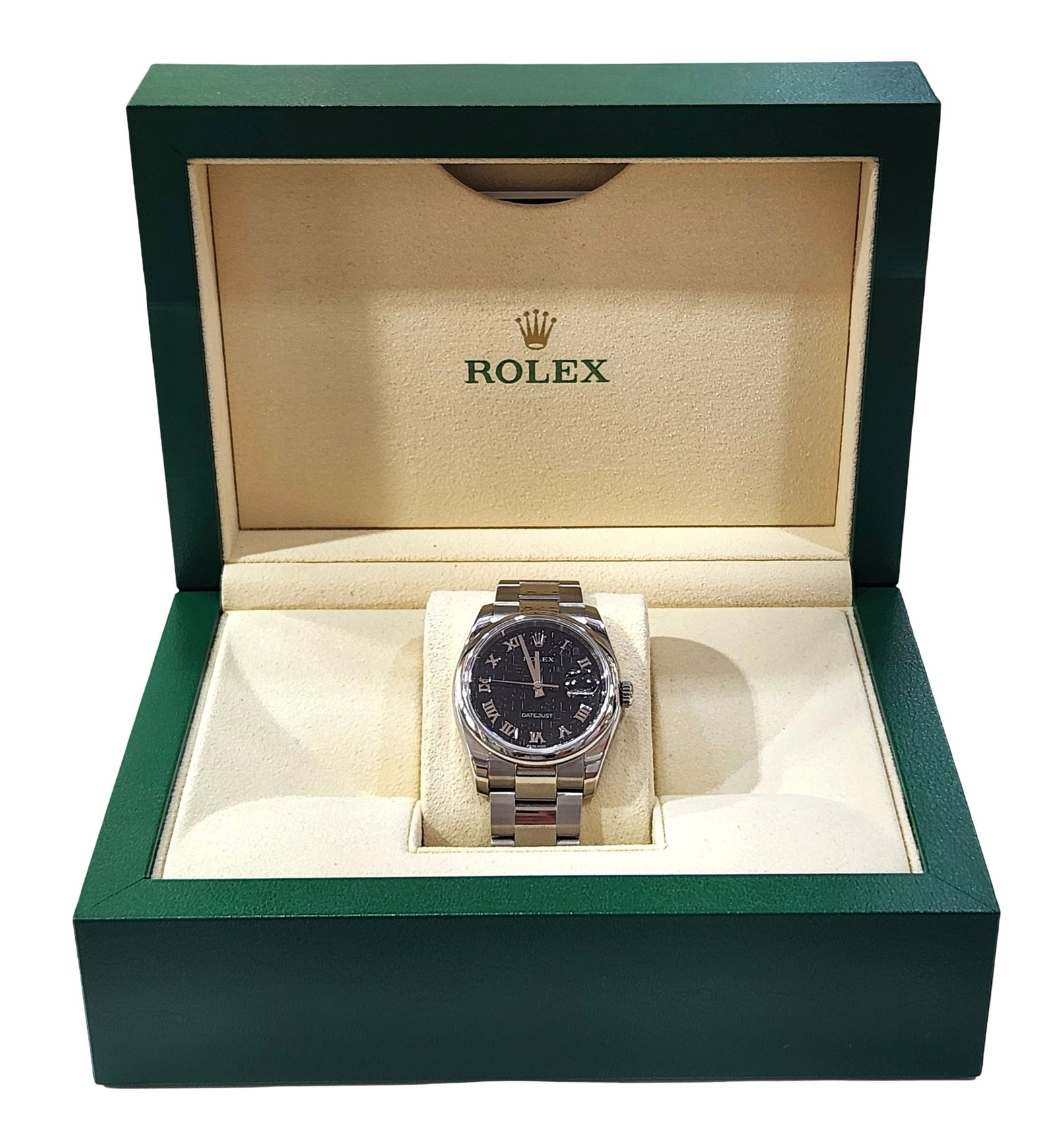 Rolex Datejust Steel Black Roman Anniversary Dial Mens Watch: Brand: Rolex Model: Oyster Perpetual Datejust Case Size: Approximately 36mm Movement: Rolex automatic self-winding chronometer-certified movement Case Material: Stainless steel Bezel: Smooth polished 