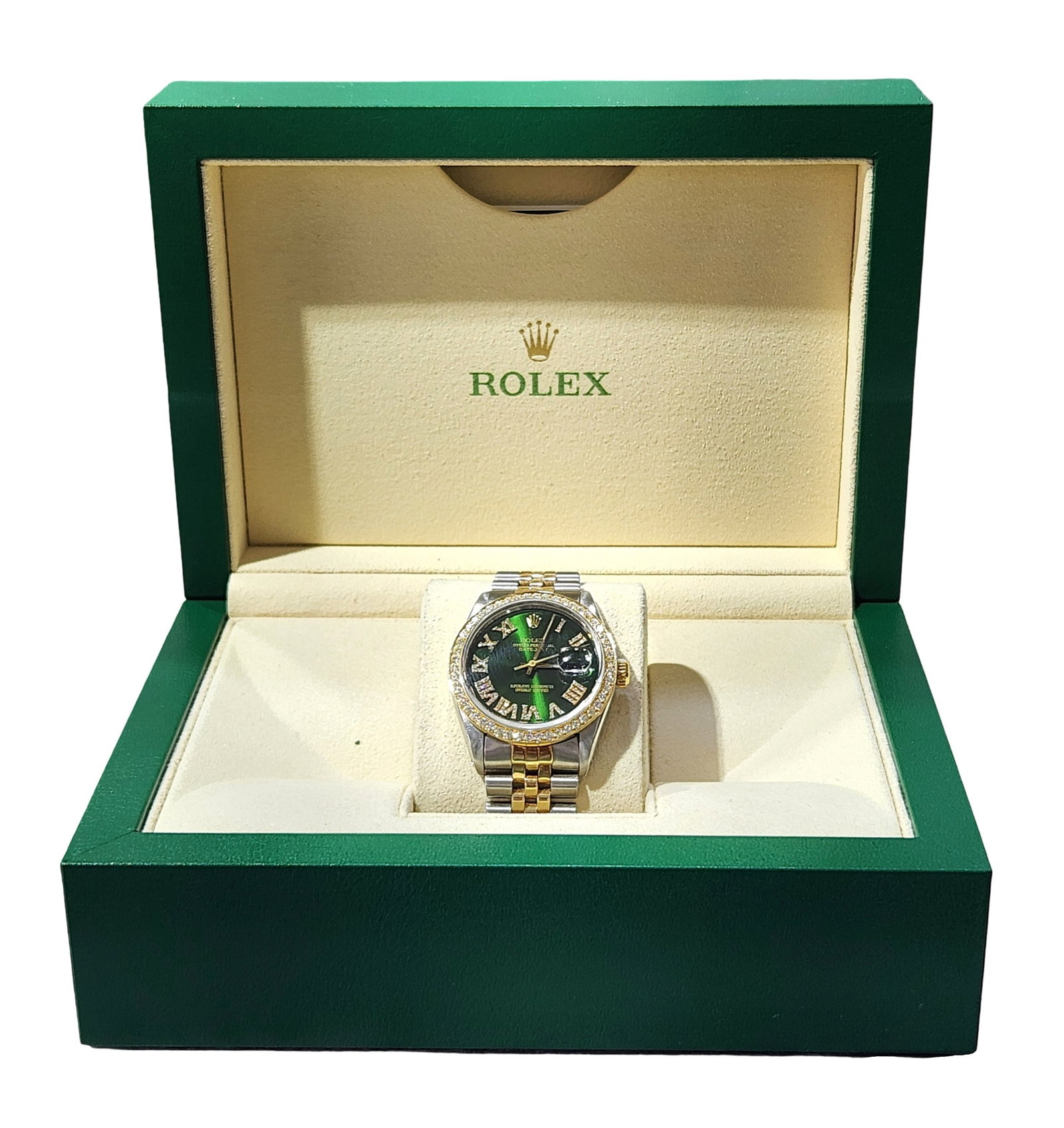 Rolex Oyster Perpetual Datejust Two-Tone Wristwatch with Custom Diamond Bezel and Green Dial (1 of 6)