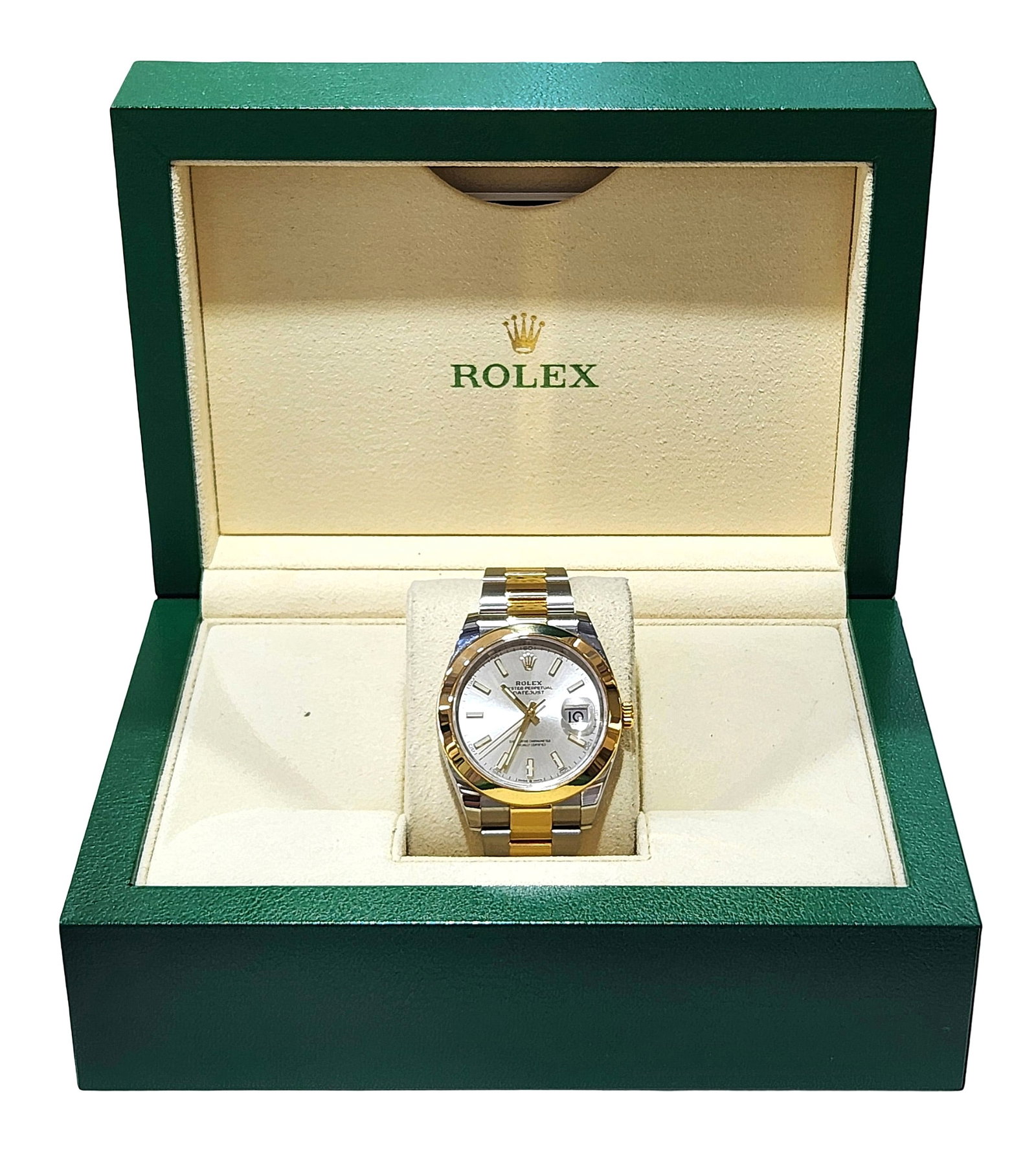 Rolex Datejust 41mm Two-Tone Oystersteel & Yellow Gold Silver Dial Automatic Watch: Brand: Rolex Model: Datejust 41 Case Size: 41mm Movement: Rolex caliber 3235 automatic movement Case Material: Oystersteel stainless steel & 18k yellow gold Dial: Silver sunburst dial with gold baton 