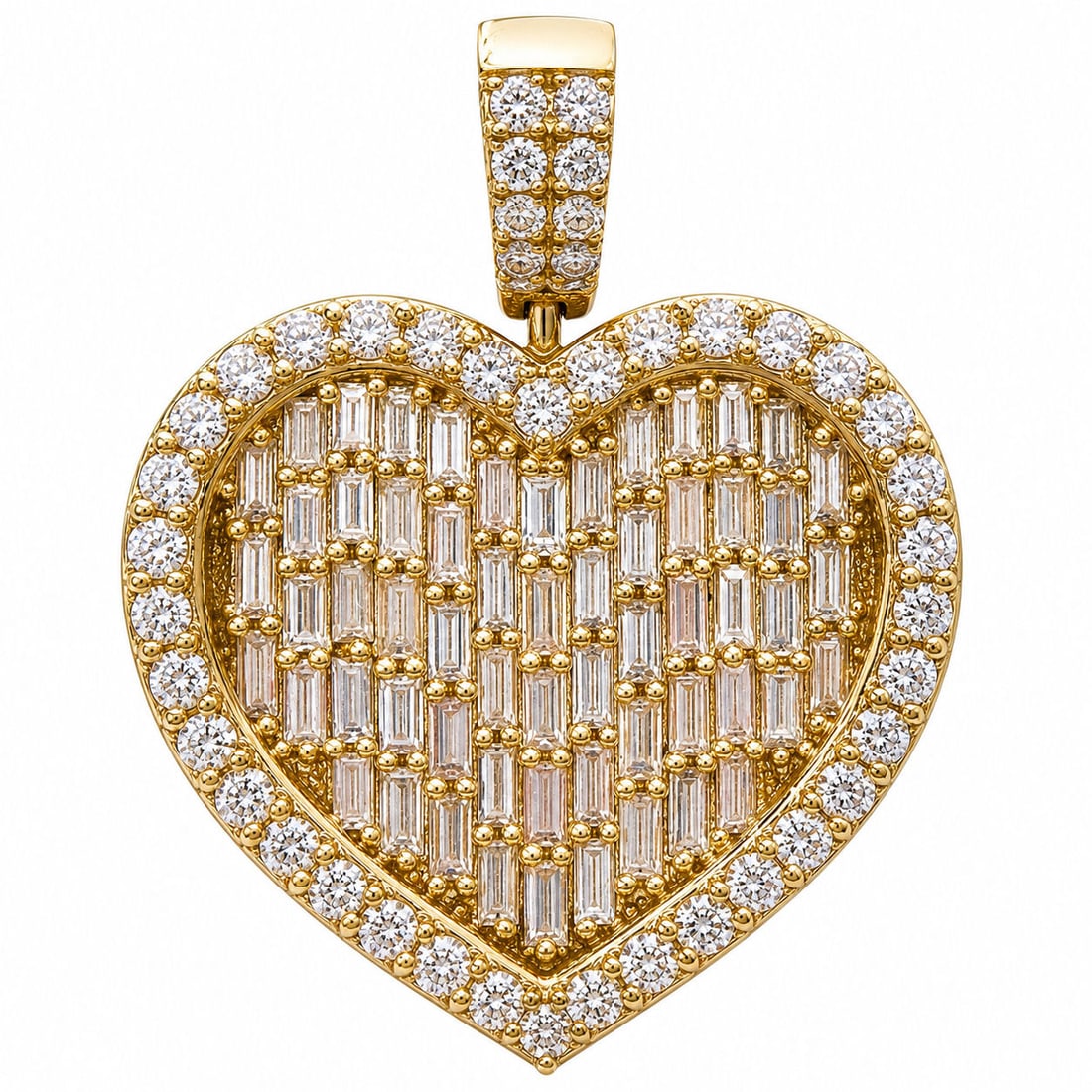 14KT Yellow Gold Diamond Heart Pendant ? 3.18CT: Elegant and timeless heart-shaped pendant crafted in solid 14KT yellow gold and set with approximately 3.18 carats of natural diamonds. The center features vertically arranged baguette-cut diamonds fr