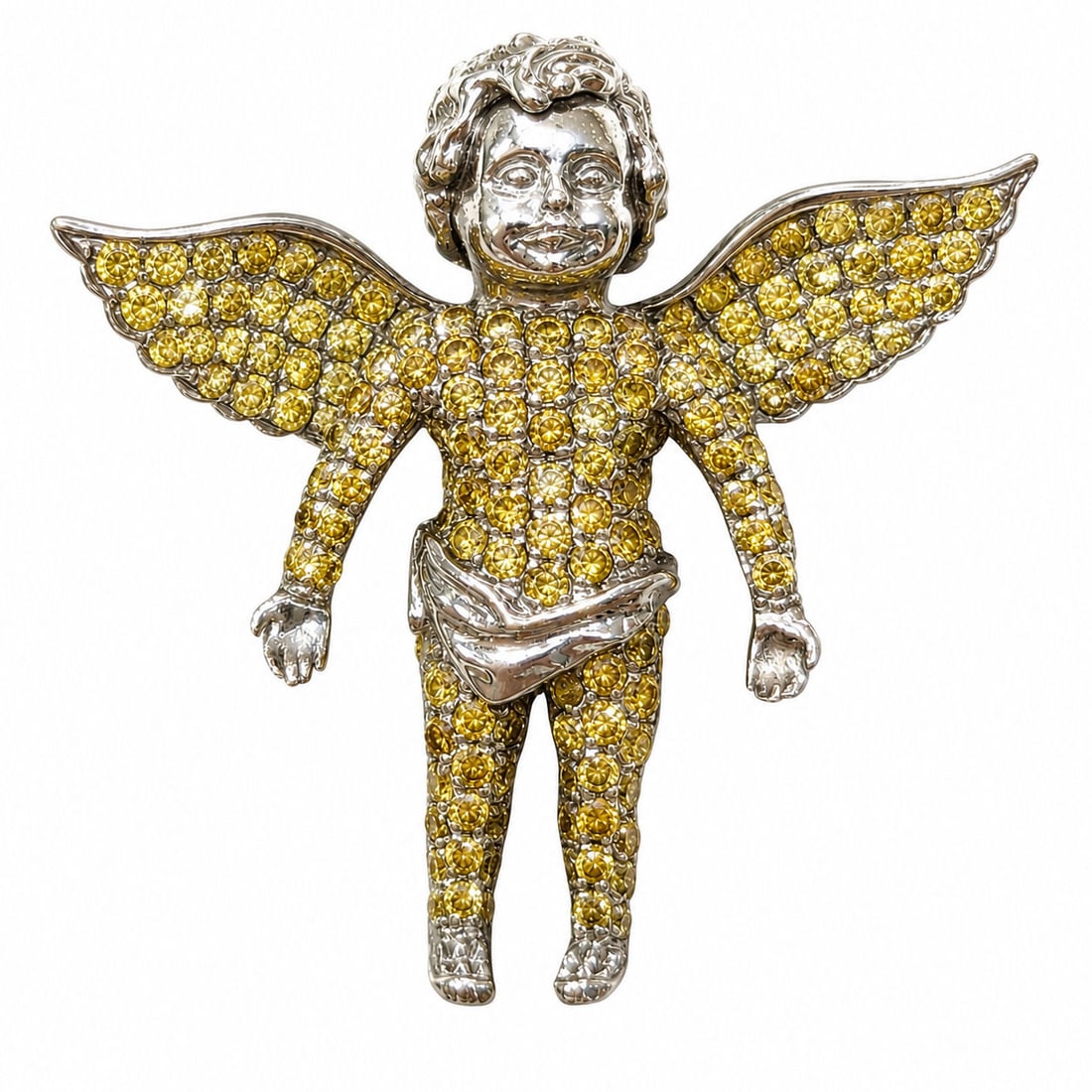 18KT Yellow Diamond Cherub Angel Pendant ? Diamond Pav? Figure Charm: Unique and artistic cherub angel pendant crafted in solid 18KT gold and fully adorned with vibrant yellow and white diamonds. This whimsical winged figure features detailed sculpting throughout the fa