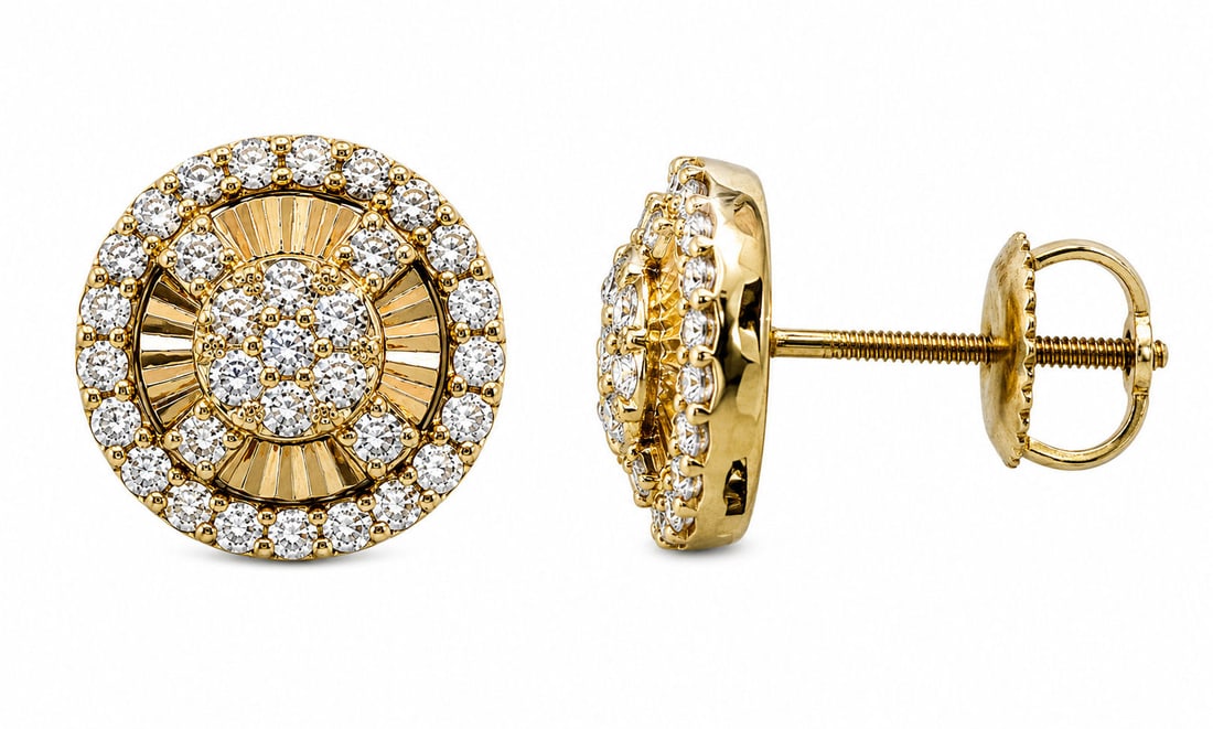 10KT Yellow Gold Natural Diamond Halo Cluster Stud Earrings 0.50CT: Stylish natural diamond stud earrings crafted in solid 10KT yellow gold with a vintage-inspired halo cluster design. Each earring features a sparkling round diamond center cluster accented by textured
