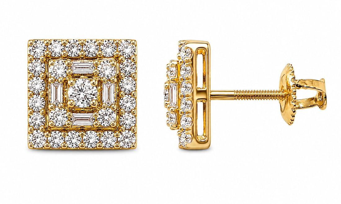 10KT Yellow Gold Natural Diamond Square Halo Stud Earrings ? 0.60CT (1 of 4)