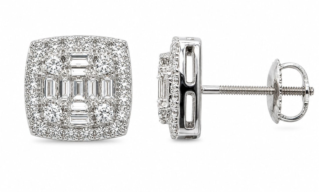 10KT White Gold Natural Diamond Square Cluster Stud Earrings ? 0.60CT (1 of 4)