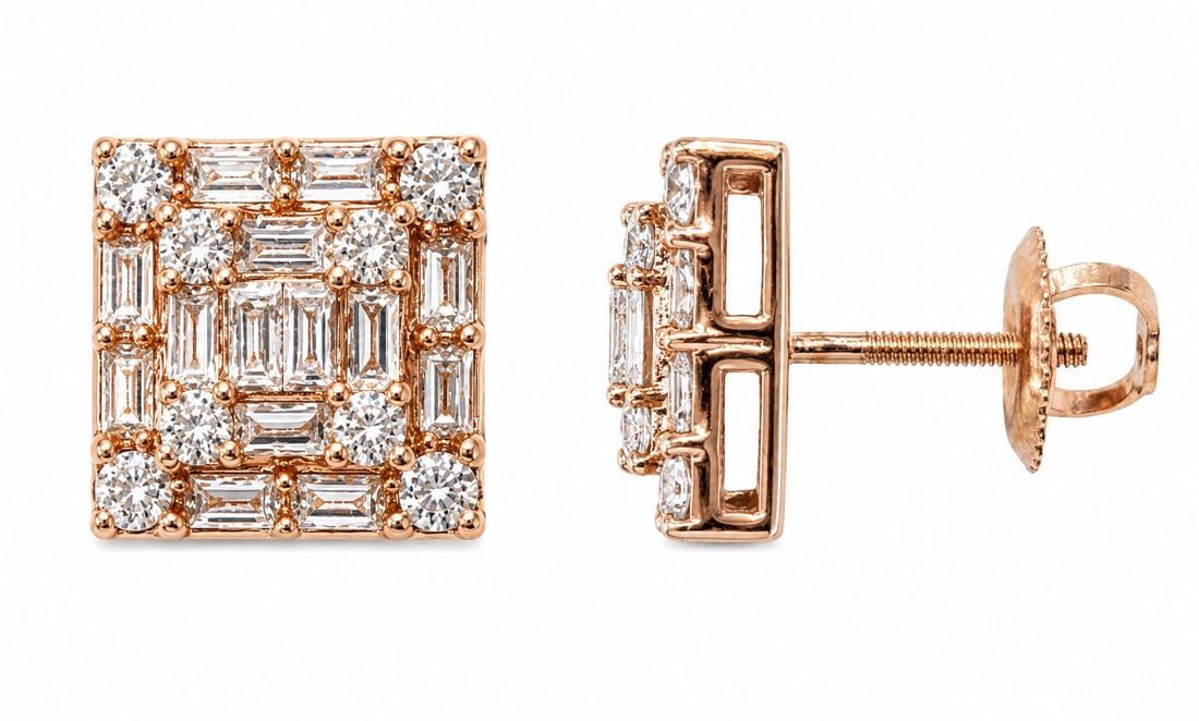 10KT Rose Gold Natural Diamond Square Cluster Stud Earrings ? 0.55CT (1 of 4)