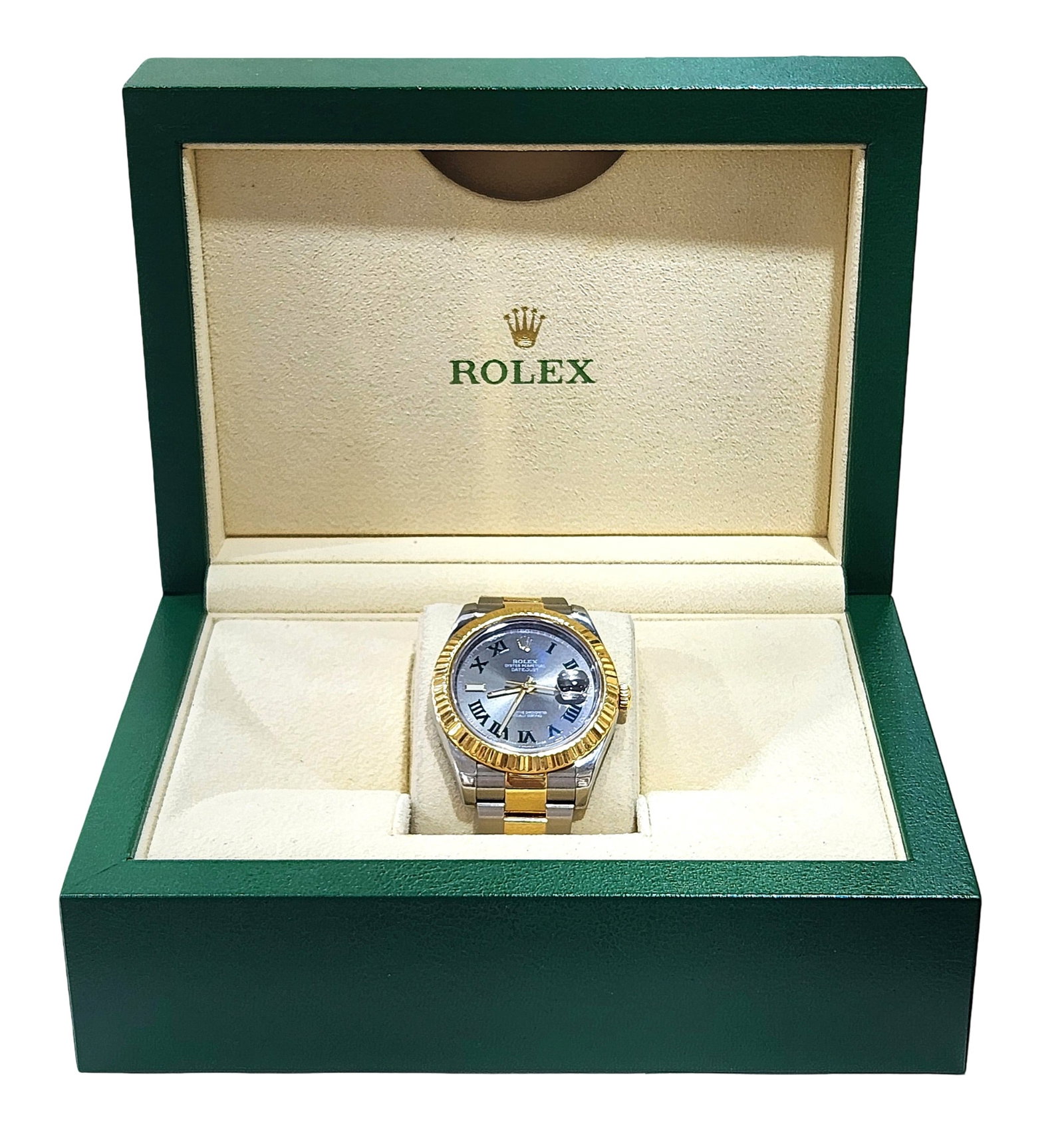 Rolex Datejust II Wimbledon Dial 41mm Two-Tone 18k Gold & Steel Watch: Brand: Rolex Model: Datejust II Case Size: 41mm Movement: Rolex automatic chronometer-certified movement Case Material: Oystersteel stainless steel & 18k yellow gold Dial: Slate grey ?Wimbledon? dial 