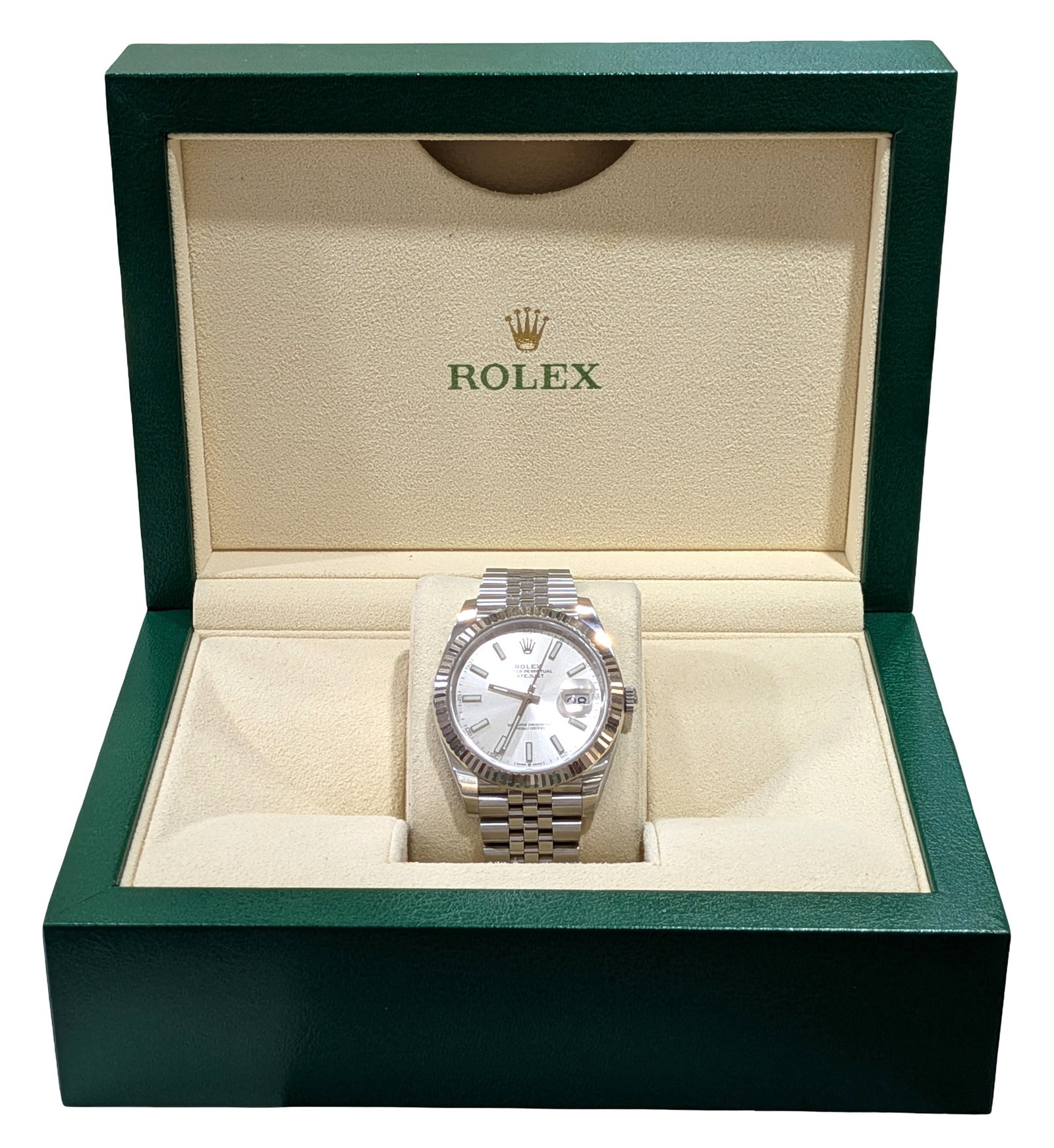 Rolex Datejust 41mm Stainless Steel & White Gold with Silver Dial: Brand: Rolex Model: Datejust 41 Reference: 126334 Case Size: 41mm Case Material: Oystersteel stainless steel Bezel: 18K white gold fluted bezel Dial: Silver Bracelet: Rolex Jubilee bracelet Clasp: Rol