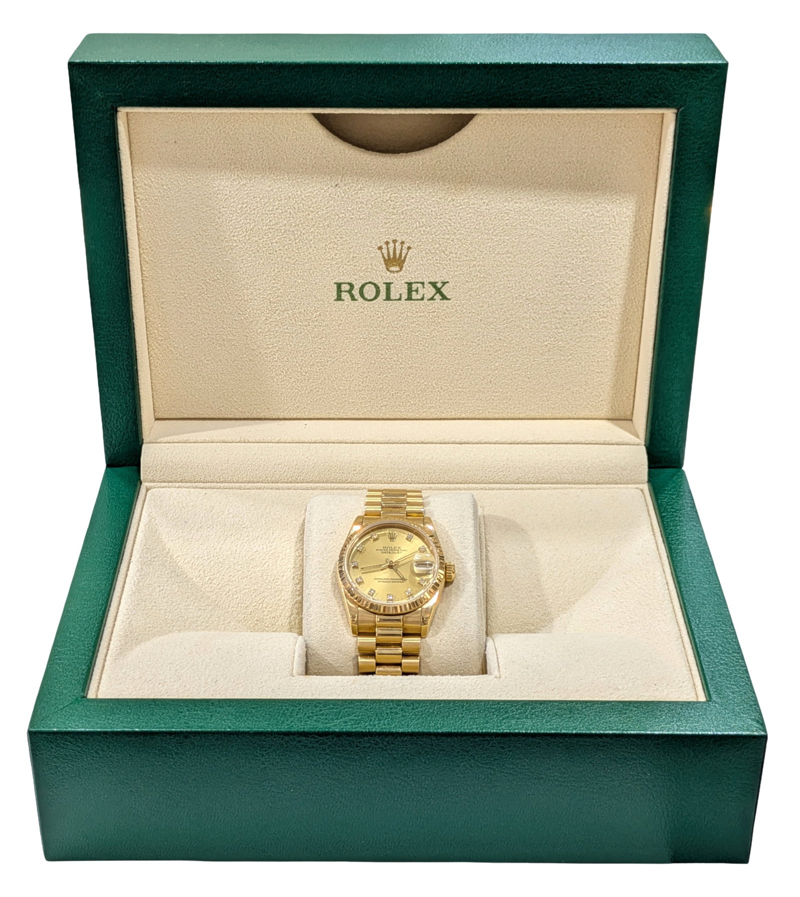 Rolex Datejust President 31mm 18K Yellow Gold Diamond Dial: Brand: Rolex Model: Datejust President Case Size: 31mm Case Material: 18K Yellow Gold Bezel: Fluted 18K Yellow Gold Dial: Champagne Diamond Dial Bracelet: Rolex President Bracelet Bracelet Material: 1
