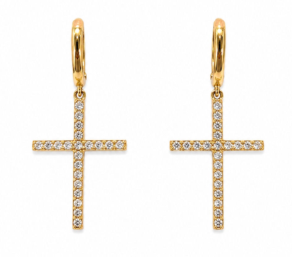 Pair of 14K Yellow Gold Diamond Cross Hoop Earrings, Approx. 0.30 CTW: Elegant pair of 14K yellow gold hoop earrings featuring suspended cross pendants accented with approximately 0.30 carats total weight of round brilliant-cut diamonds. The sleek crosses are finely pav?