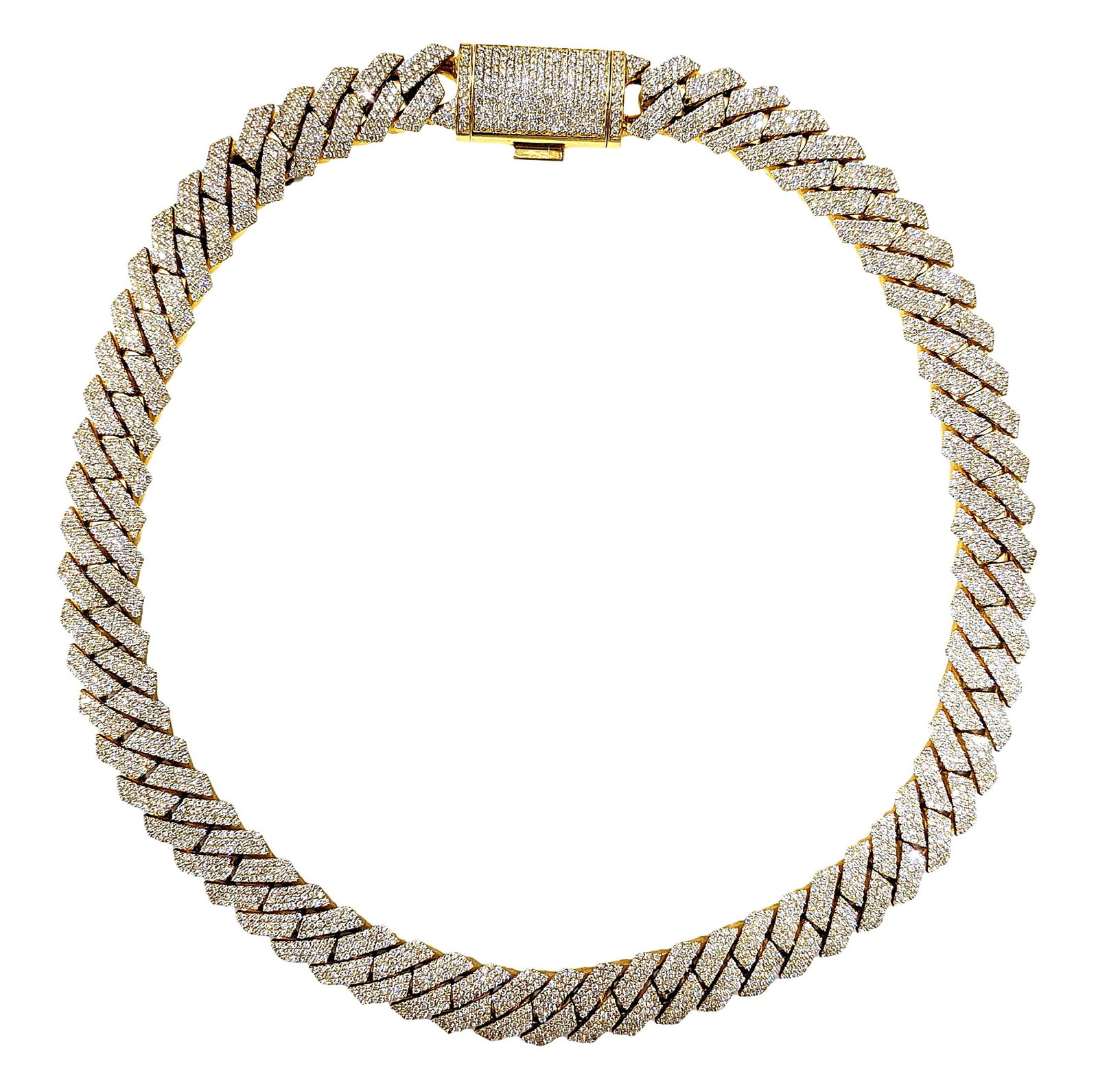 14KT Yellow Gold Diamond Prong-Set Cuban Link Chain Necklace, Approx. 45.00 CTW: Impressive and substantial 14KT yellow gold Cuban link chain necklace featuring an eye-catching prong-set diamond design throughout. This luxurious 20-inch necklace is fully adorned with approximately