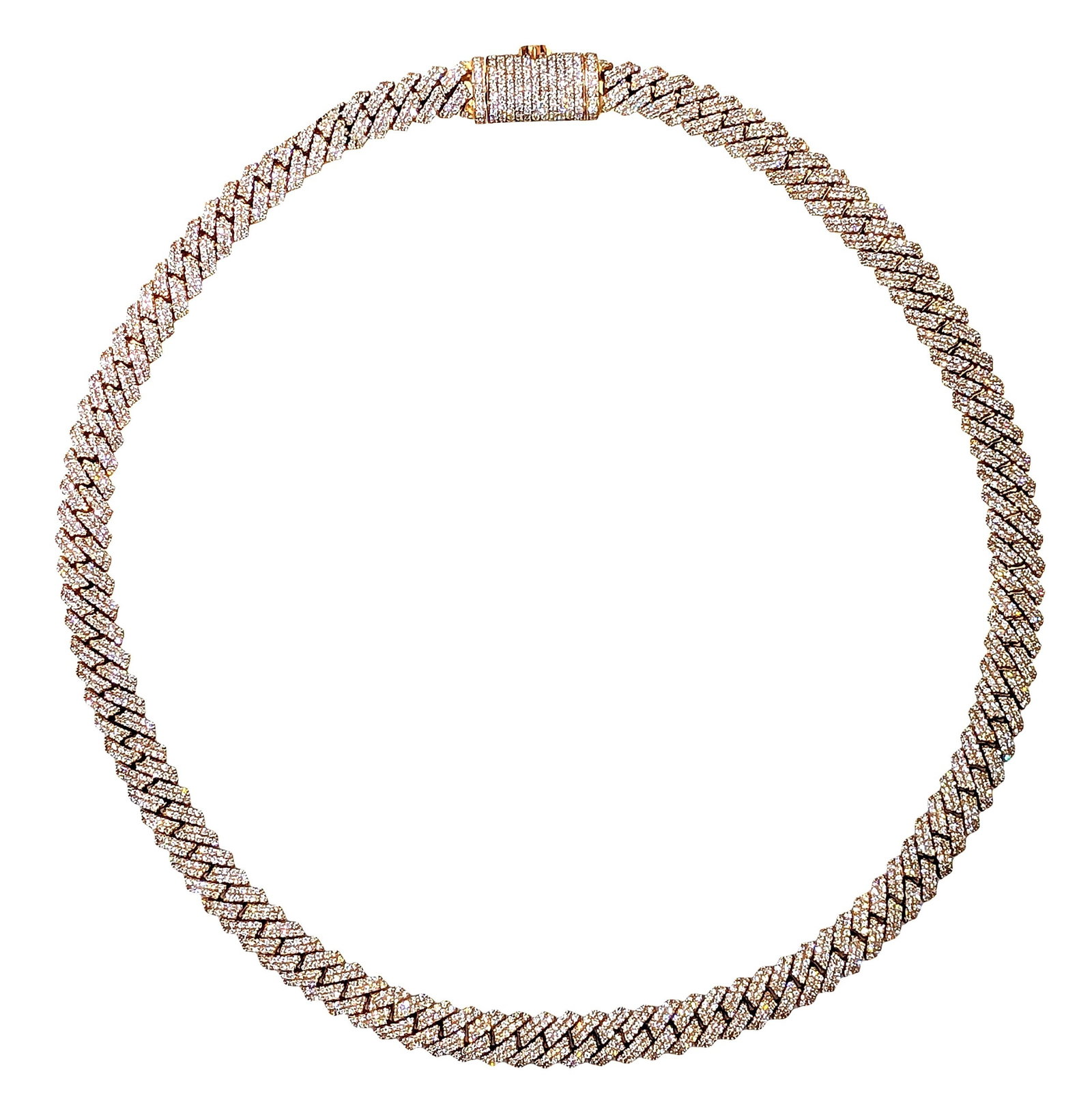 10KT Rose Gold Diamond Prong-Set Cuban Link Chain Necklace with 14KT Clasp: Striking 10KT rose gold Cuban link chain necklace featuring an all-over prong-set diamond design with exceptional brilliance and contemporary style. This substantial 20-inch necklace is adorned with a