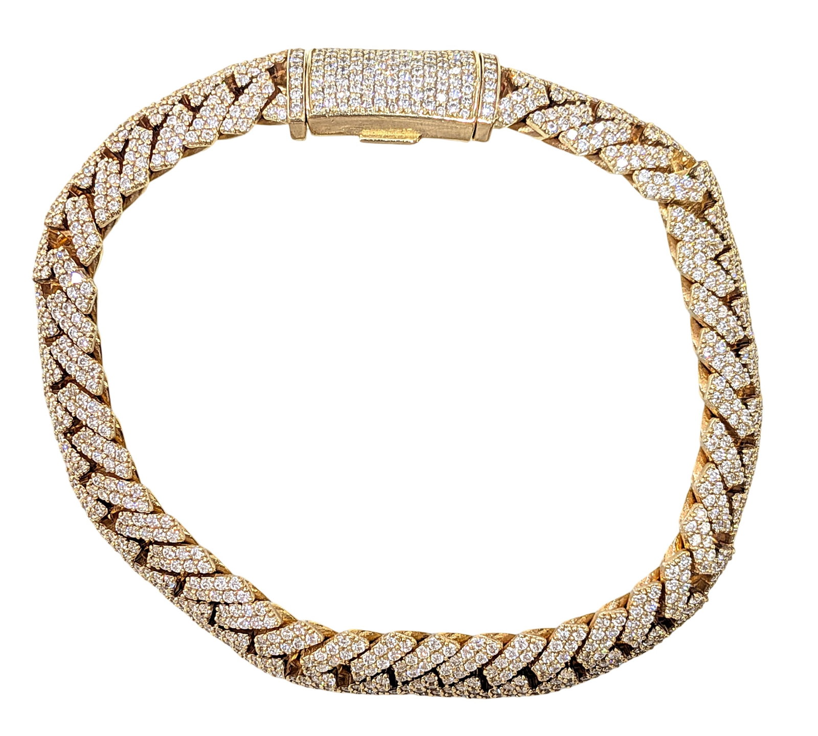 14KT Yellow Gold Diamond Cuban Link Bracelet with 10KT Lock: Luxurious Cuban link bracelet crafted in solid 14KT yellow gold and fully iced with brilliant round-cut diamonds throughout the links and clasp. This statement bracelet features a bold 11mm width with