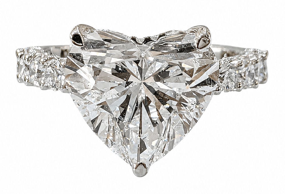 IGI Certified 5.06 Carat Heart Shape Laboratory Grown Diamond Ring in 14K White Gold: Center Diamond Details: Shape: Heart Brilliant Carat Weight: 5.06 Carats Color Grade: F Clarity Grade: VS1 Polish: Excellent Symmetry: Excellent Fluorescence: None Measurements: 10.75 x 11.92 x 7.04 m