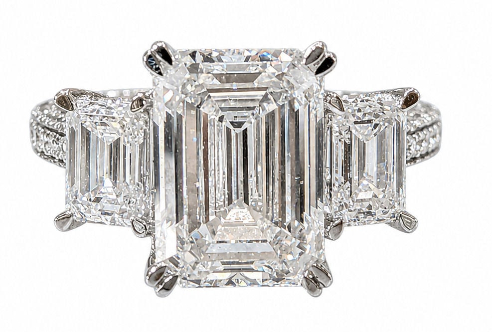 IGI Certified 5.10 Carat Emerald Cut Three-Stone Laboratory Diamond Ring in 14K White Gold (1 of 5)