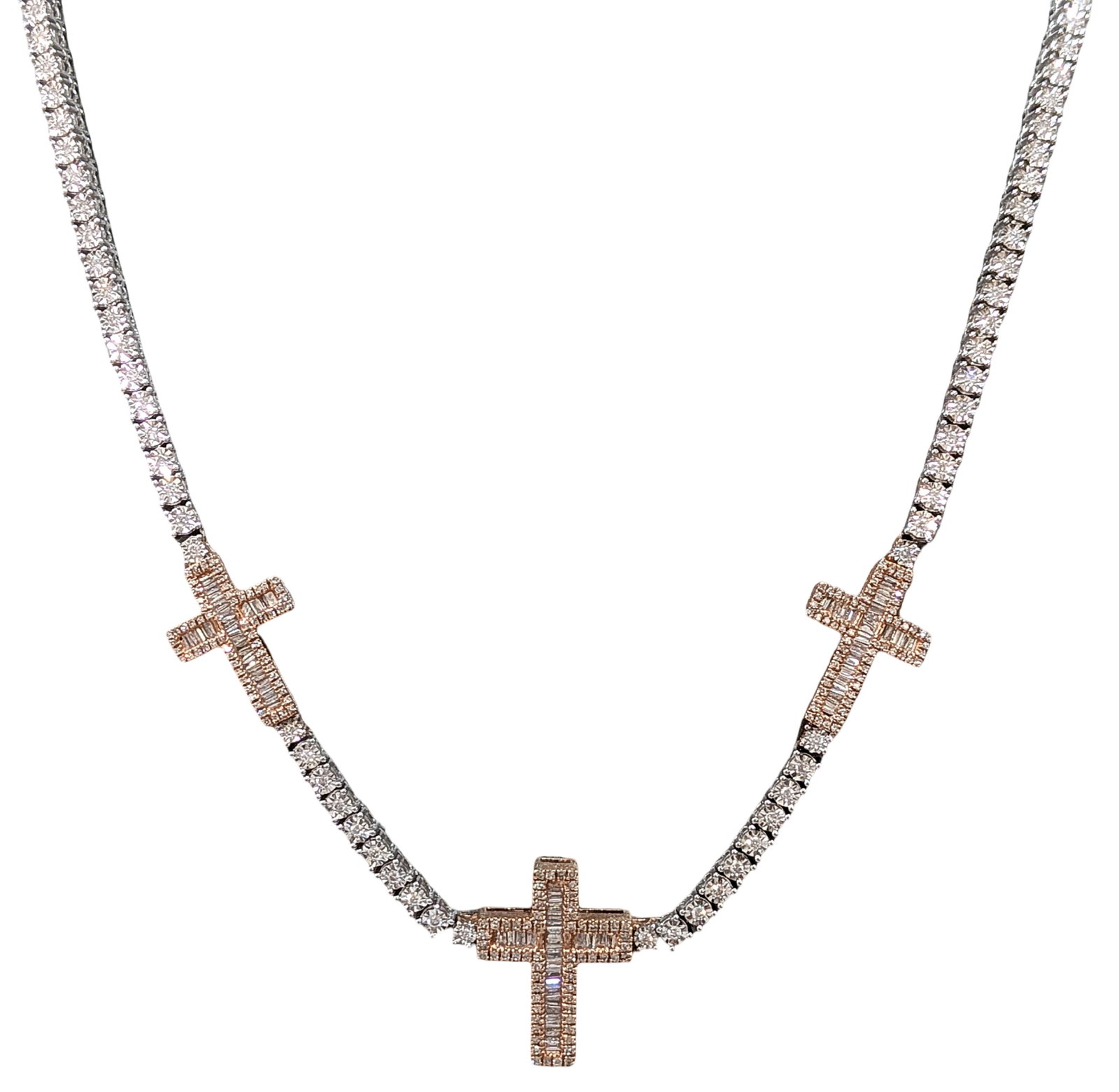 2.40 CT Diamond Triple Cross Tennis Necklace in 10K White & Rose Gold: Total Diamond Weight: Approx. 2.40 Carats Metal: 10K White Gold & Rose Gold Length: 18 Inches Style: Diamond Tennis Necklace with Triple Cross Stations Diamond Cuts: Round Brilliant & Baguette Diamond