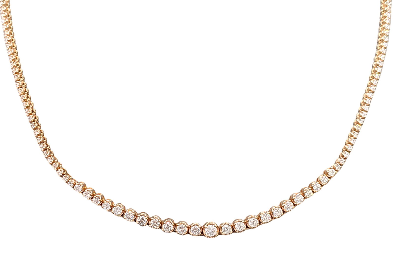 3.00 CT Diamond Tennis Necklace in 14K Rose Gold: Total Diamond Weight: Approx. 3.00 Carats Metal: 14K Rose Gold Length: 16 Inches Style: Diamond Tennis Necklace Diamond Shape: Round Brilliant Cut Setting Style: Prong / Shared Prong Style Clasp: Box 