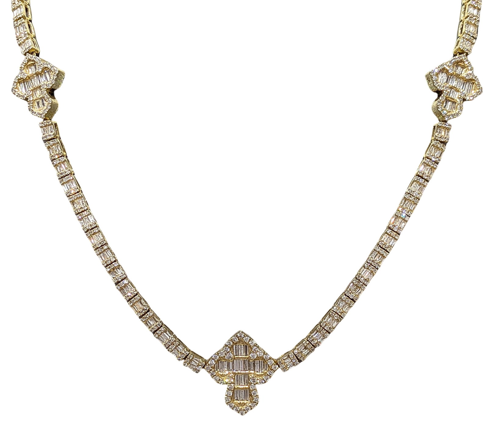 7.01 CT Diamond Butterfly Tennis Necklace in 10K Yellow Gold: Total Diamond Weight: Approx. 7.01 Carats Metal: 10K Yellow Gold Length: 17 Inches Total Weight: 30.0 grams Style: Diamond Tennis Necklace Diamond Cuts: Baguette & Round Cut Diamonds Design: Triple Bu