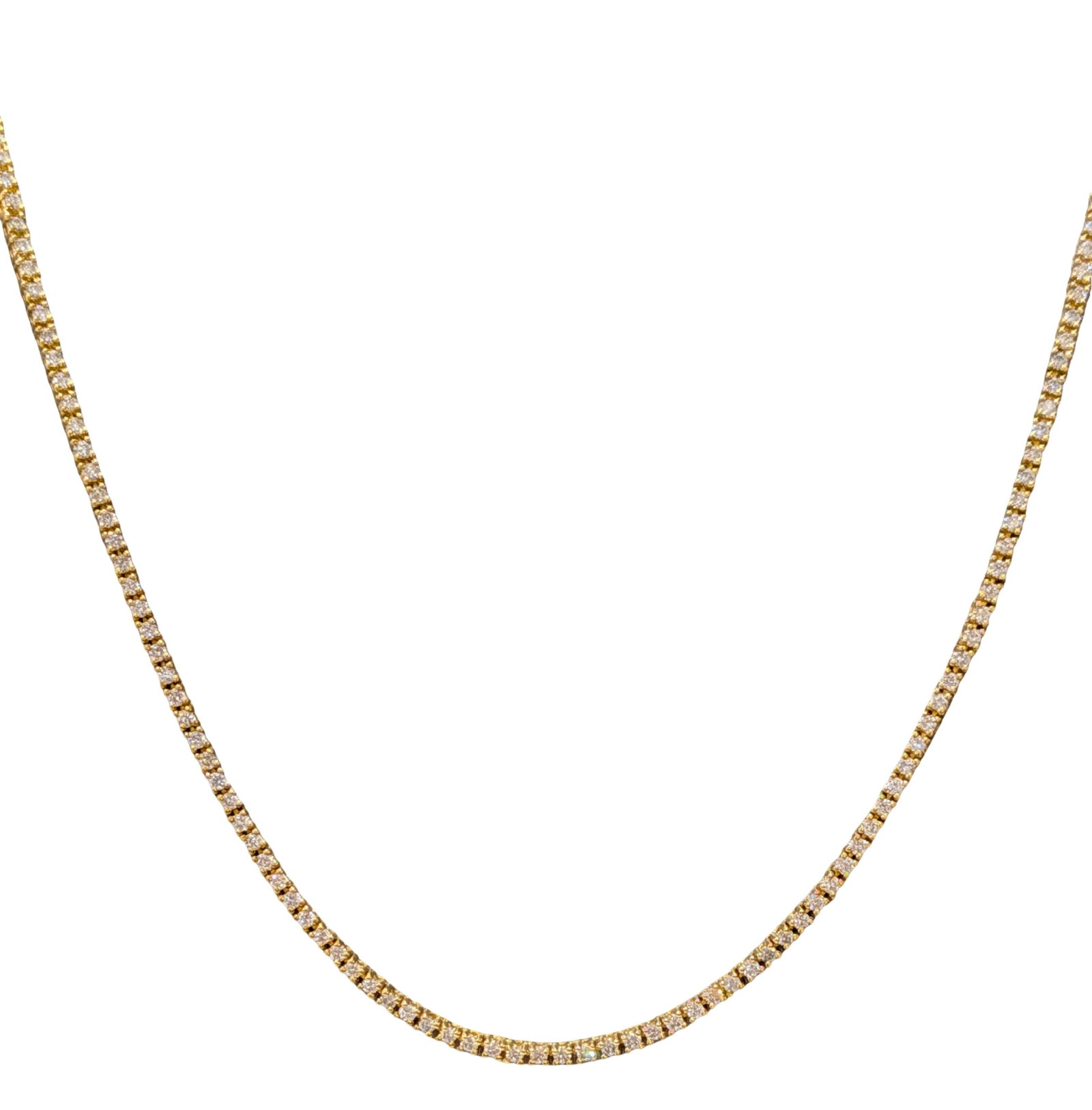 Diamond Tennis Chain in 14K Yellow Gold ? 3.71 CT: Length: 20 Inches Metal: 14K Yellow Gold Diamond Weight: Approx. 3.71 CT Diamond Cut: Round Brilliant Style: Diamond Tennis Chain Clasp: Box Clasp with Safety Lock Total Weight: 14.6 grams