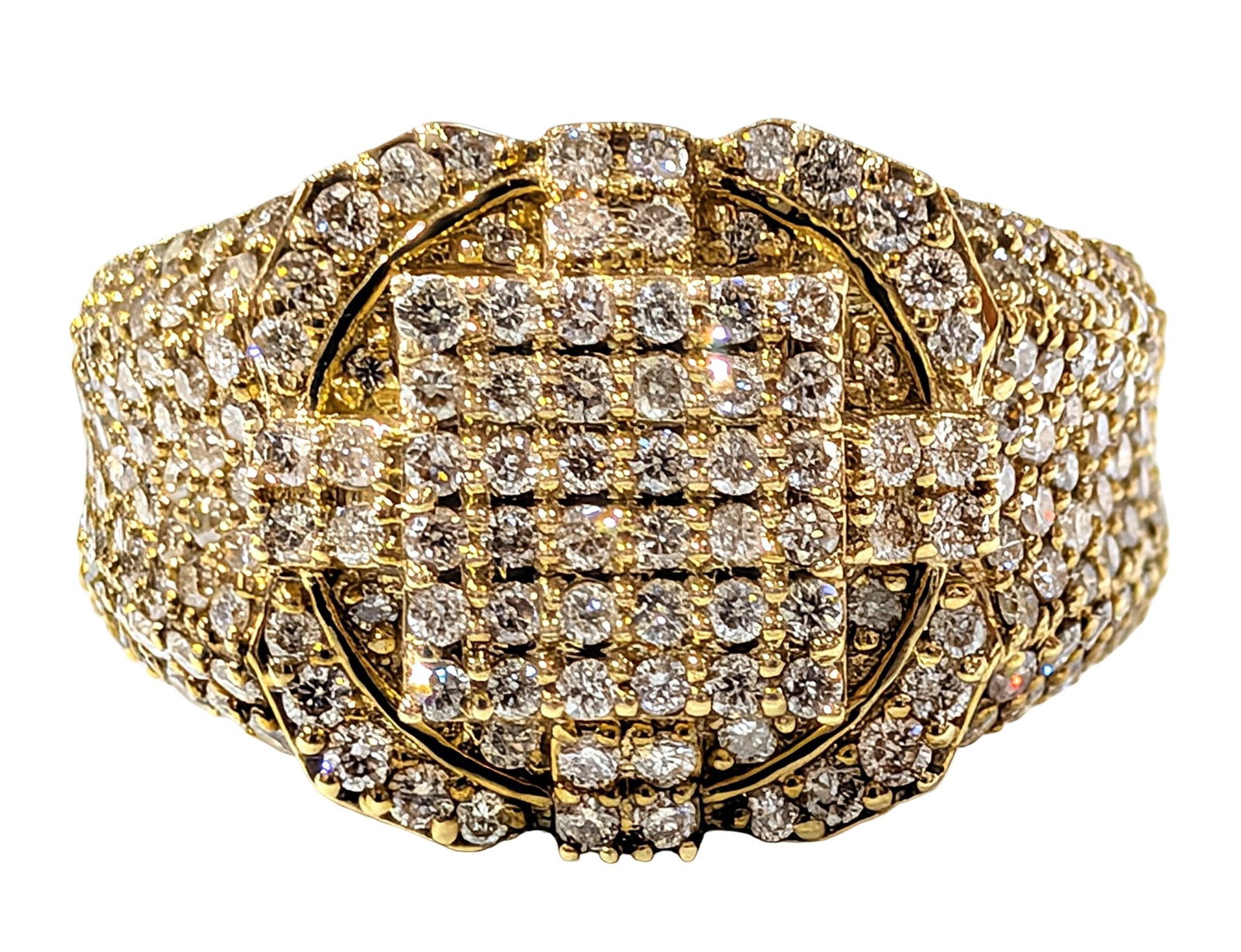 10K Yellow Gold 1.90 CTW Natural Diamond Cluster Statement Ring: 10K yellow gold Approx. 1.90 CTW diamonds Round brilliant-cut stones Multi-level geometric cluster design Pav? diamond shoulders Open lattice gallery detailing Ring size 10.5 Total Weight: 9.6 grams