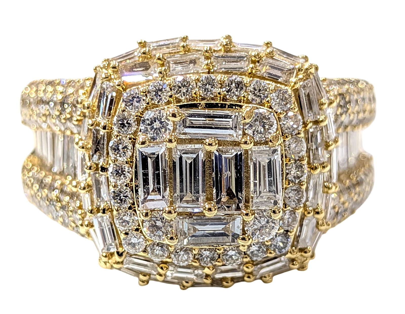 14K Yellow Gold 3.76 CTW Natural Diamond Cluster Ring with Baguette Diamonds: 14K yellow gold Approx. 3.76 CTW diamonds Combination of baguette and round brilliant-cut diamonds Multi-halo cluster design Natural Diamond-accented shoulders Ring size 10 Total Weight: 14 grams