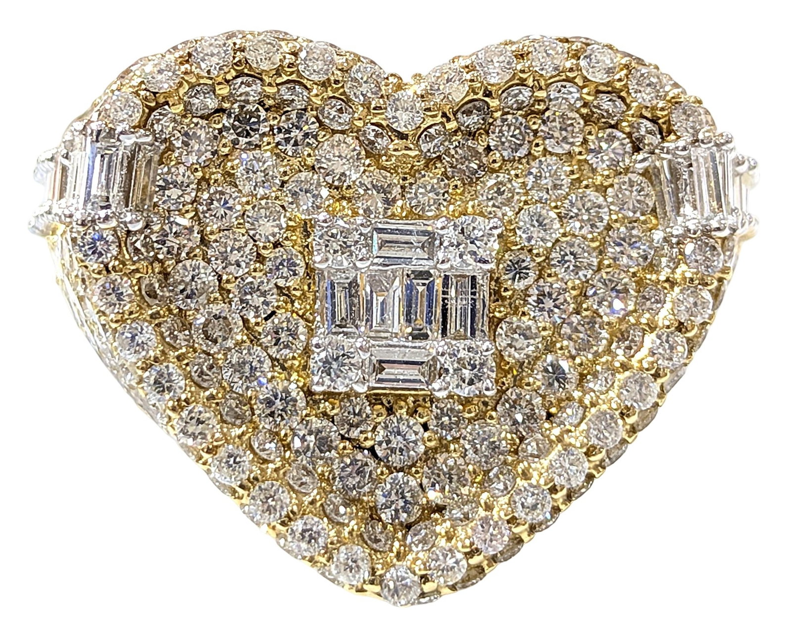 10K Yellow Gold 4.75 CTW Natural Diamond Heart Ring with Baguette Accents: 10K yellow gold Approx. 4.75 CTW Natural diamonds Round brilliant and baguette-cut diamonds Large pav? heart design Center baguette diamond cluster Hallmarked 10K and maker?s mark Ring size 10.5 Total