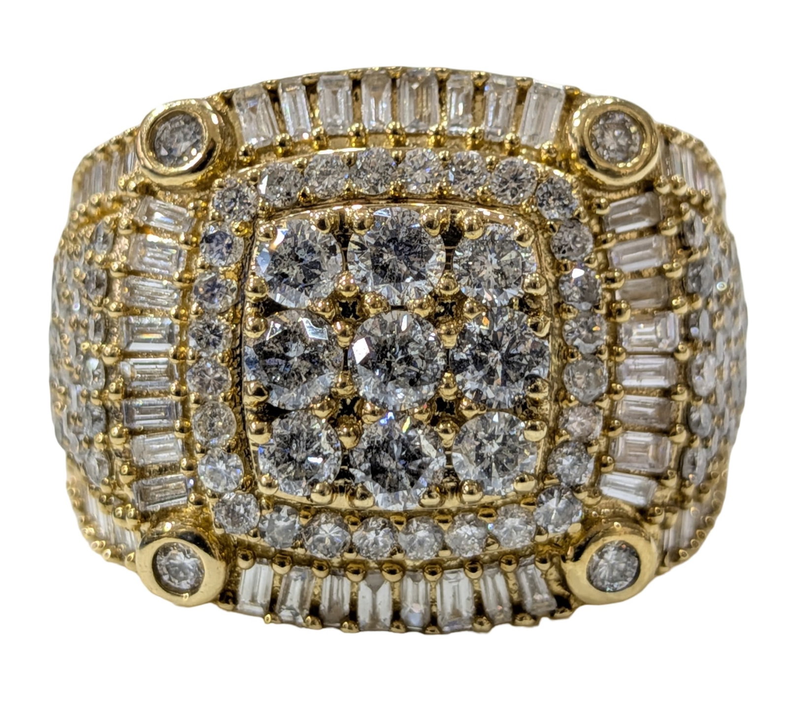 10K Yellow Gold 3.75 CTW Natural Diamond Cluster Statement Ring: 10K Yellow Gold Stones: Natural Diamonds Total Diamond Weight: Approx. 3.75 CTW Ring Size: 10.5 Diamond Cuts: Round Brilliant & Baguette Markings: ?10K? Total Weight 13.1 grams