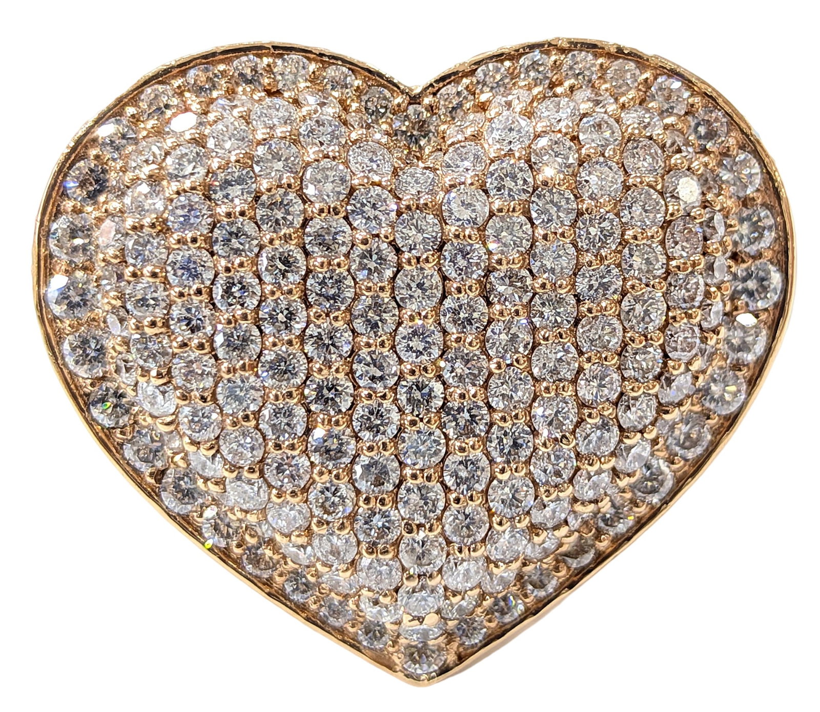 14K Rose Gold 6.17 CTW Natural Diamonds Heart Statement Ring: 14KTRose Gold Stones: Natural Diamonds Total Diamond Weight: Approx. 6.17 CTW IS Ring Size: 9 Total Weight: Approx. 30.8 Grams Diamond Cut: Round Brilliant Markings: ?14K? and maker?s mark