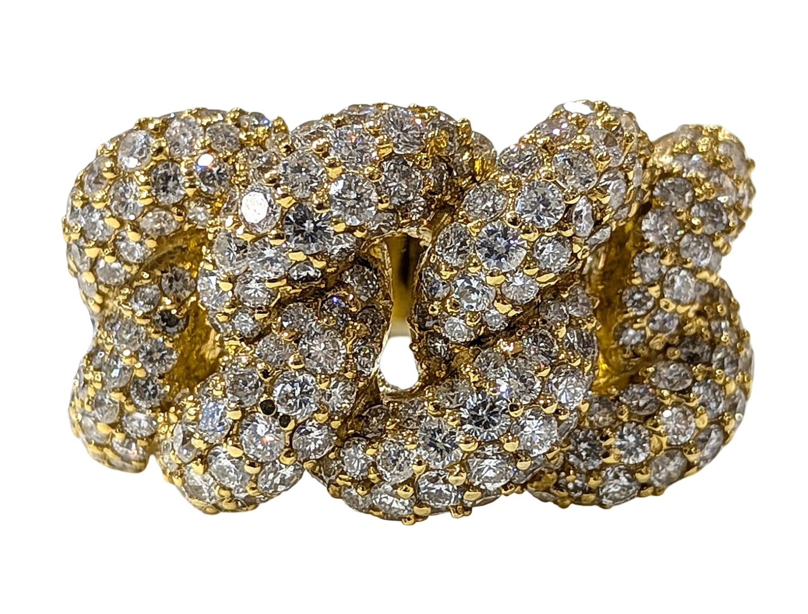 14K Yellow Gold 4.32 CTW Natural Diamonds Knot Statement Ring: 14K Yellow Gold Stones: Natural Diamonds Total Diamond Weight: Approx. 4.32 CTW Ring Size: 8 Diamond Cut: Round Brilliant Markings: ?14K? Total Weight 17 grams