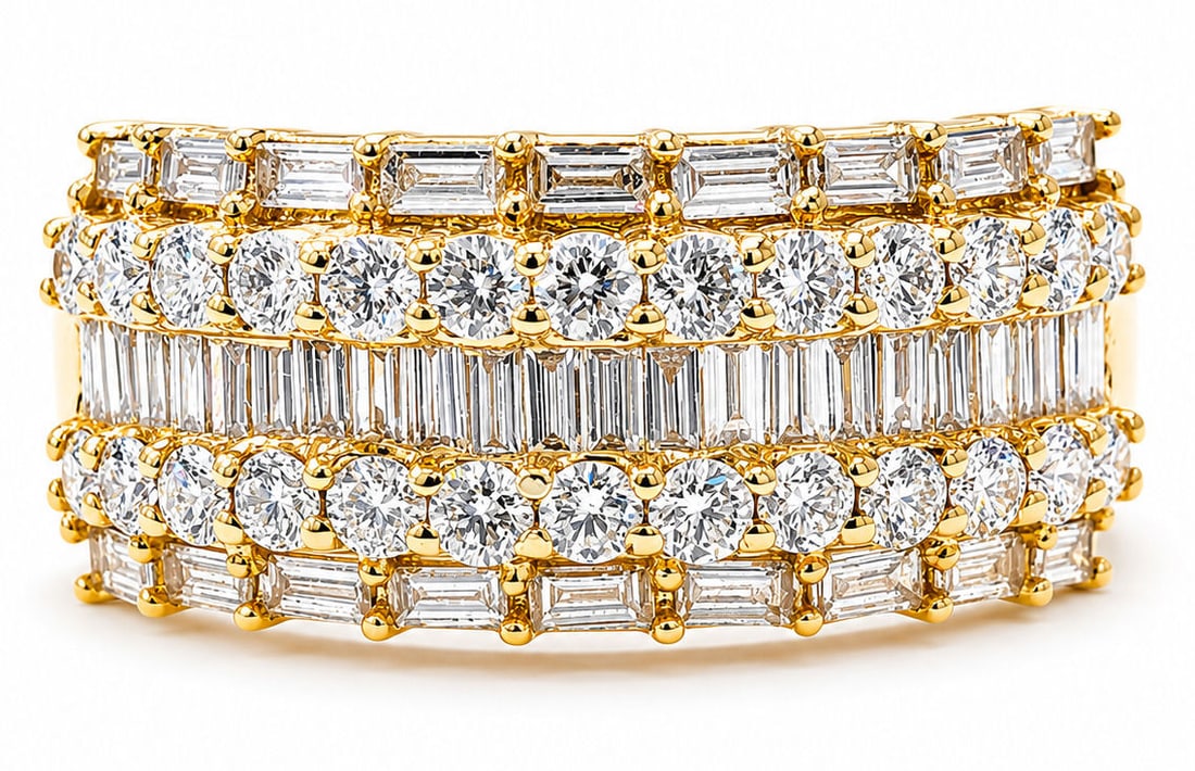 14K Yellow Gold 1.98 CTW Natural Diamonds Multi-Row Baguette & Round Ring: 14K Yellow Gold Stones: Natural Diamonds Total Diamond Weight: Approx. 1.98 CTW Diamond Cuts: Round Brilliant & Baguette Cut Ring Size: 10 Markings: 14K Total Weight 7.8 grams