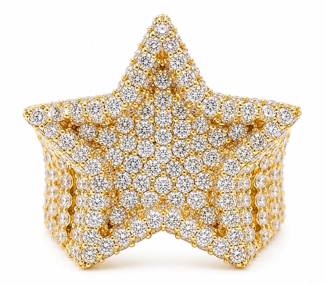 10K Yellow Gold 5.50 CTW Natural Diamonds Star Ring: Metal: 10K Yellow Gold Stones: Natural Diamonds Total Diamond Weight: Approx. 5.50 CTW Diamond Cuts: Round Brilliant & Baguette Ring Size: 10.5 Total Weight 13 grams