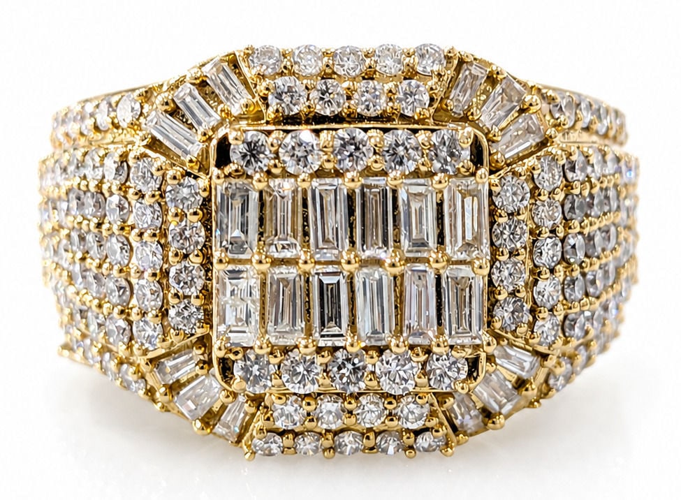 10K Yellow Gold 2.50 CTW Natural Diamonds Cluster Ring: Metal: 10K Yellow Gold Stones: Natural Diamonds Total Diamond Weight: Approx. 2.50 CTW Diamond Cuts: Baguette & Round Brilliant Ring Size: 10.5 Style: Cluster / Stat Total Weight 9.2 grams
