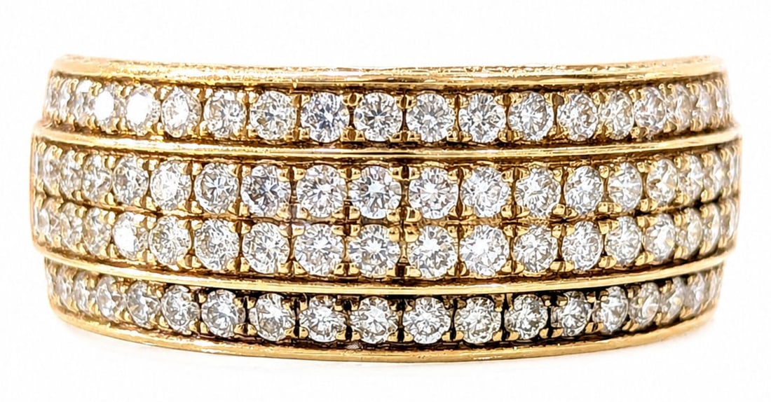 14K Yellow Gold 1.75 CTW Natural Diamonds Multi-Row Band Ring: Metal: 14K Yellow Gold Stones: Natural Diamonds Total Diamond Weight: Approx. 1.75 CTW Diamond Cut: Round Brilliant Style: Multi-Row Band Ring Total Weight: Approx: 7.6 grams Ring Size: 10