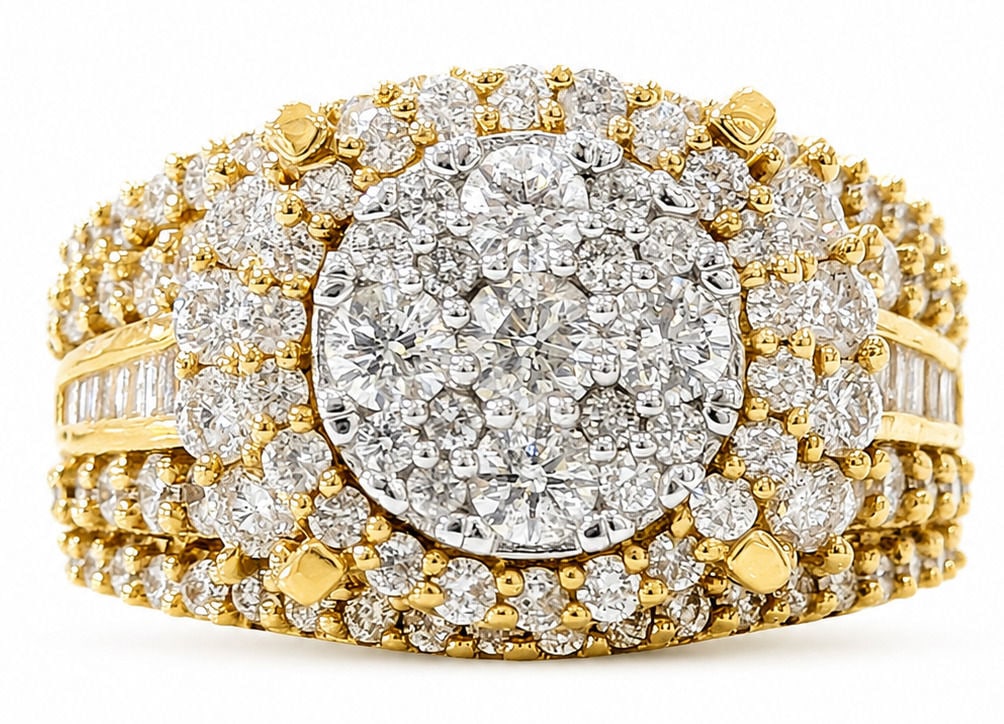 14K Yellow Gold 2.35 CTW Natural Diamonds Cluster Halo Statement Ring: Metal: 14K Yellow Gold Stones: Natural Diamonds Total Diamond Weight: Approx. 2.35 CTW Diamond Cuts: Round Brilliant & Baguette Total Weight 11.3 grams Size: 8