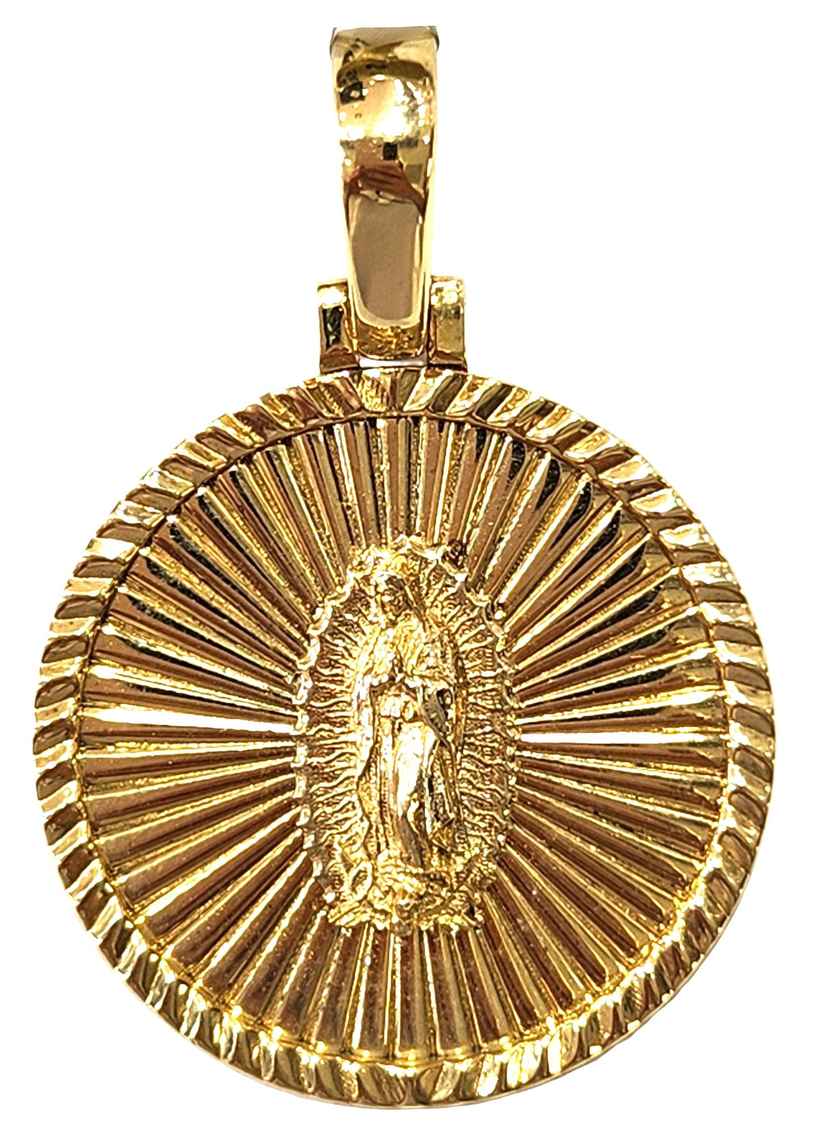 10K Gold Virgin Mary Medallion Pendant ? 14 Grams: Metal: 10K Yellow Gold Weight: Approx. 14 Grams Size: Approx. 1 Inch Design: Virgin Mary / Our Lady of Guadalupe Finish: High Polish & Textured Sunburst Background Pendant Style: Round Medallion Total