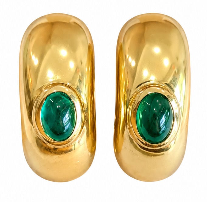 Chaumet Paris Emerald Cabochon Hoop Earrings 18K Yellow Gold Estate Earrings (1 of 5)
